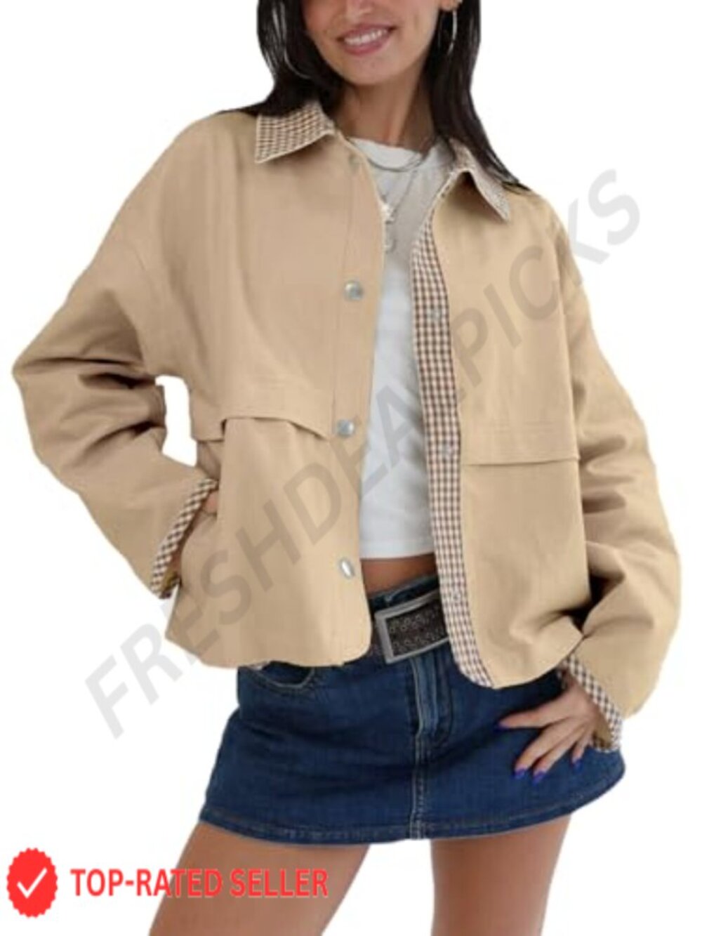 Womens Cropped Gingham Lapel Long Sleeve Button Down Lightweight Jacket Coat